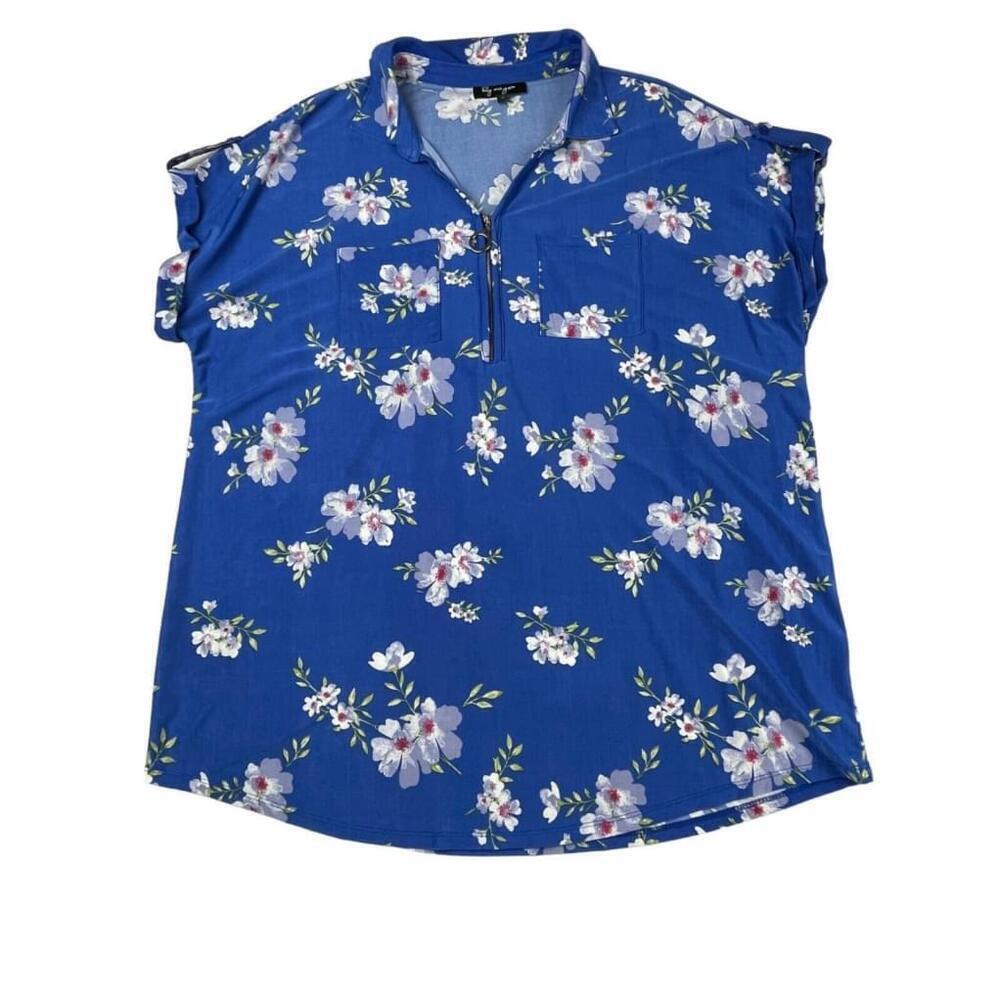Lily Morgan Shirt Womens 1X Blue Floral Quarter Zip Collared Blouse